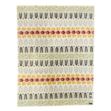 Patterned rug with Swedish-inspired rows of green, yellow, gray, and red leaf and floral motifs on a cream background.