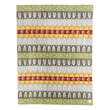 Swedish design blanket with green, gray, yellow, and red horizontal stripes and leaf and floral patterns on a white background.