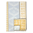 Folded lambswool blanket featuring blue and yellow sections, white floral and geometric patterns, and brown stitched edges.