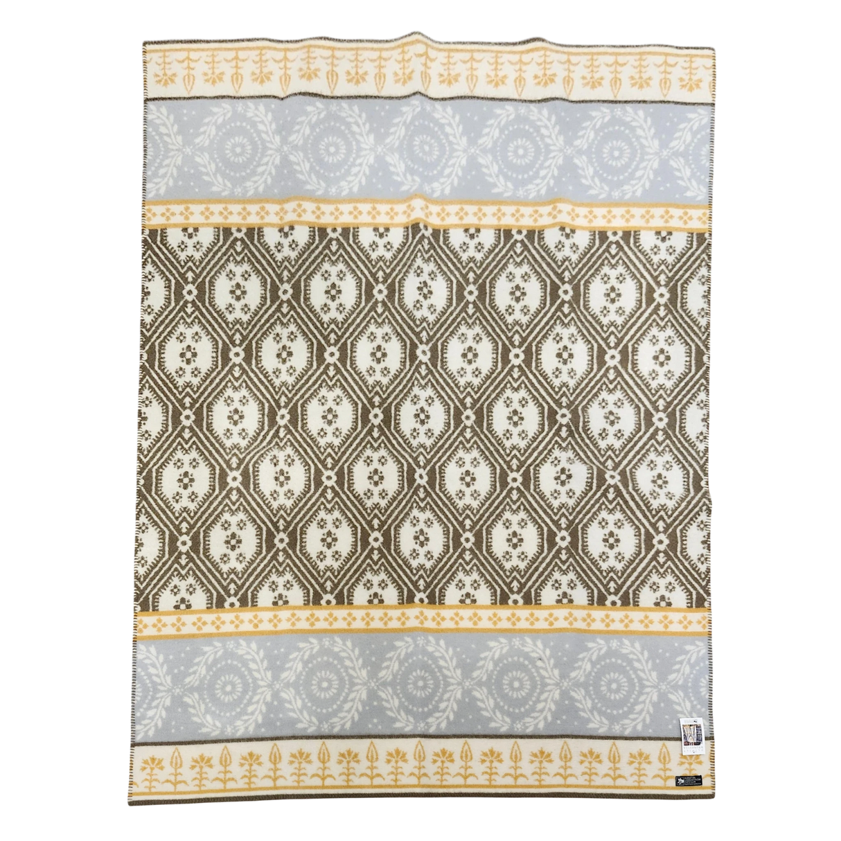 Swedish wool blanket in yellow, gray, and cream with horizontal bands of geometric and floral patterns.