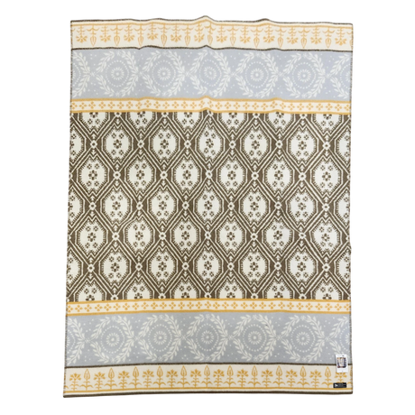 Swedish wool blanket in yellow, gray, and cream with horizontal bands of geometric and floral patterns.