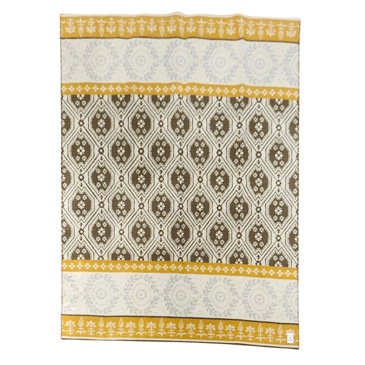 Rectangular lambswool blanket featuring yellow, brown, and white geometric and floral patterns, with yellow borders displaying white floral motifs.