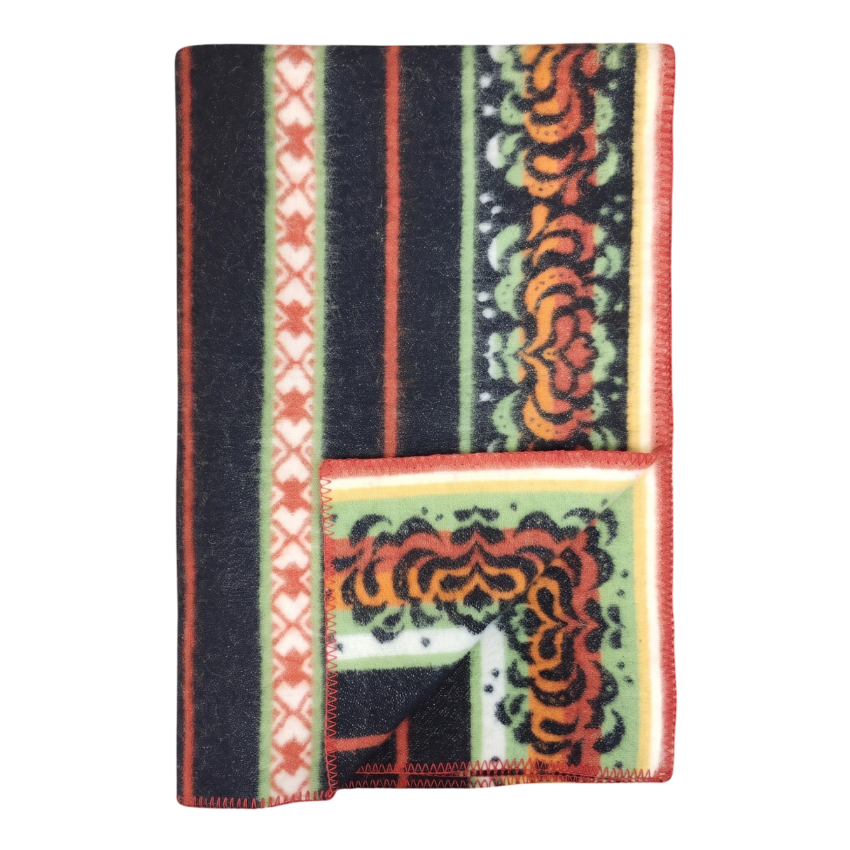 Bunad blanket with orange, black, green, and cream stripes, floral patterns, contrasting borders, and a turned-up corner showing the underside.