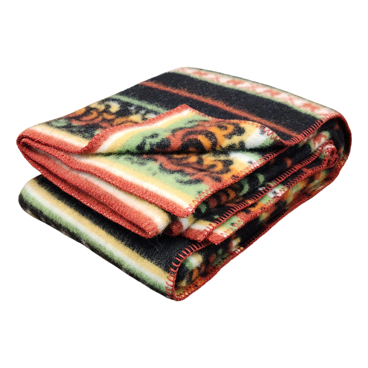 Folded Bunad blanket with horizontal stripes in red, green, yellow, black, and orange and a visible tiger pattern.