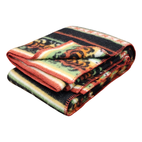 Folded Bunad blanket with horizontal stripes in red, green, yellow, black, and orange and a visible tiger pattern.