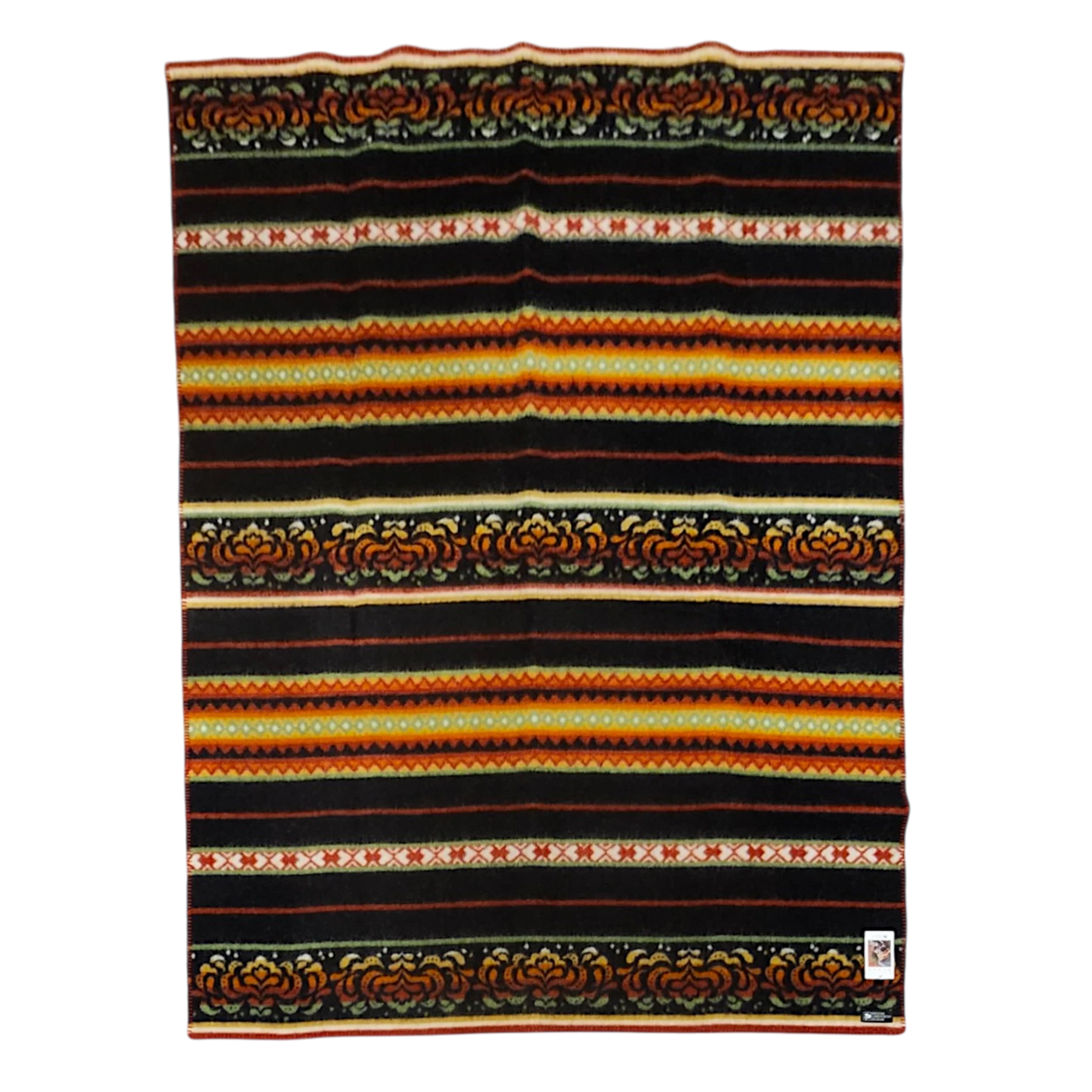 Rectangular Bunad blanket with horizontal stripes in black, orange, yellow, and red, decorated with detailed floral and geometric patterns.