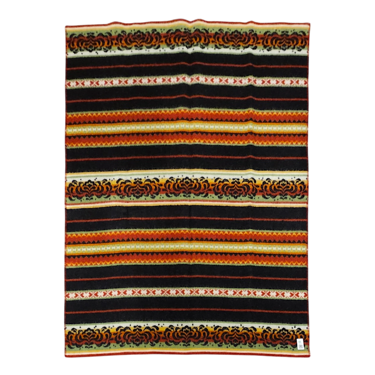 Striped Bunad blanket with black, red, yellow, and orange bands, detailed woven patterns, and a small label sewn onto the bottom right corner.