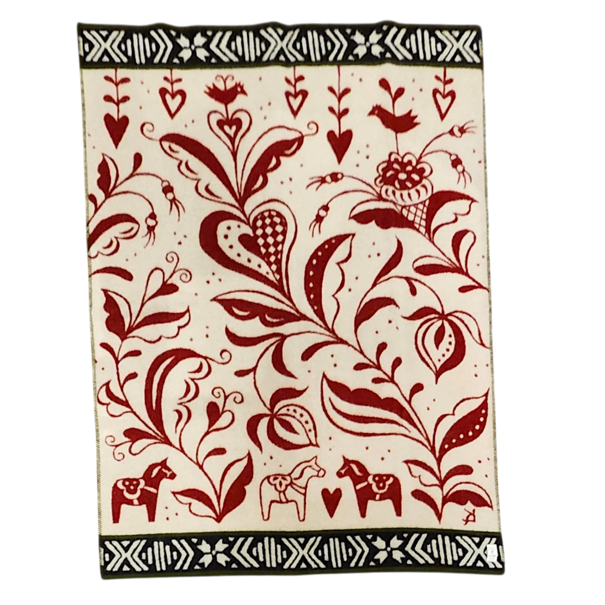 Cream background with red floral and heart patterns, featuring two Swedish Dala Horses. Black and white geometric borders run along the top and bottom edges.