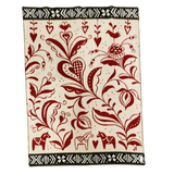 Cream background with red floral and heart patterns, featuring two Swedish Dala Horses. Black and white geometric borders run along the top and bottom edges.