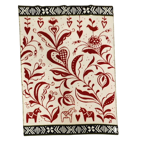 Cream background with red floral and heart patterns, featuring two Swedish Dala Horses. Black and white geometric borders run along the top and bottom edges.