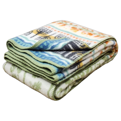Folded fleece blanket with green trim and colorful Swedish patterns on a white background.