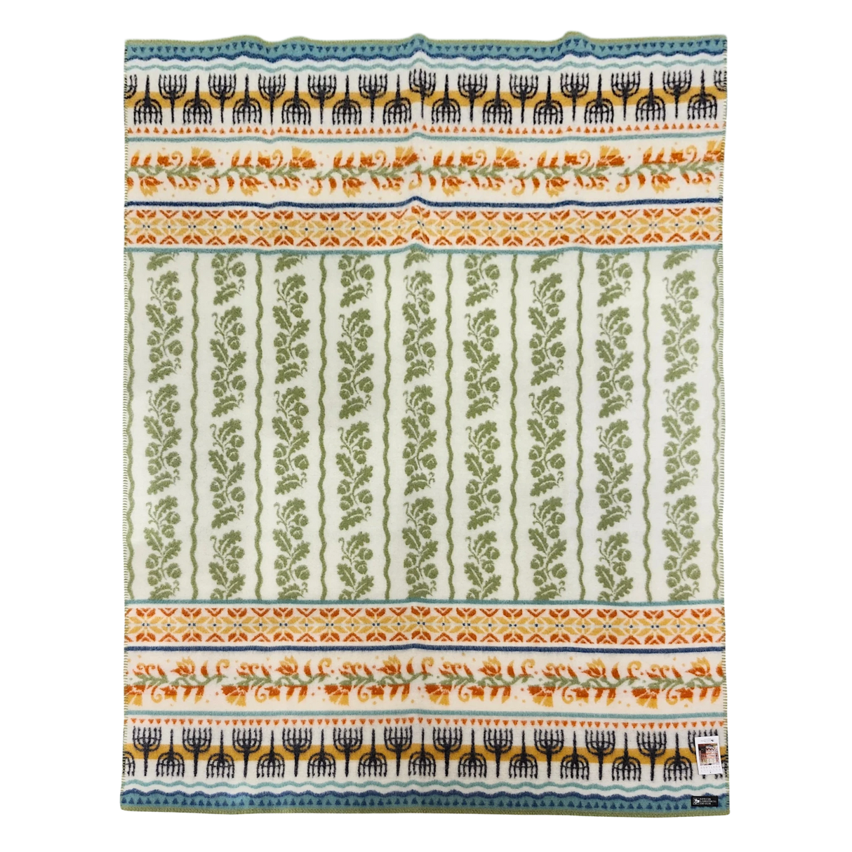 Patterned fabric with green floral stripes, blue borders, and orange accents in a repeating symmetrical Swedish motif.