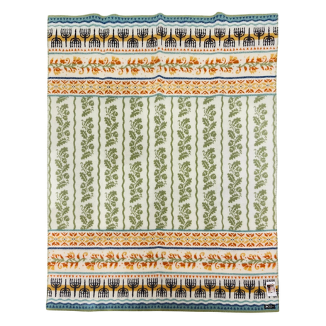 Patterned fabric with green floral stripes, blue borders, and orange accents in a repeating symmetrical Swedish motif.