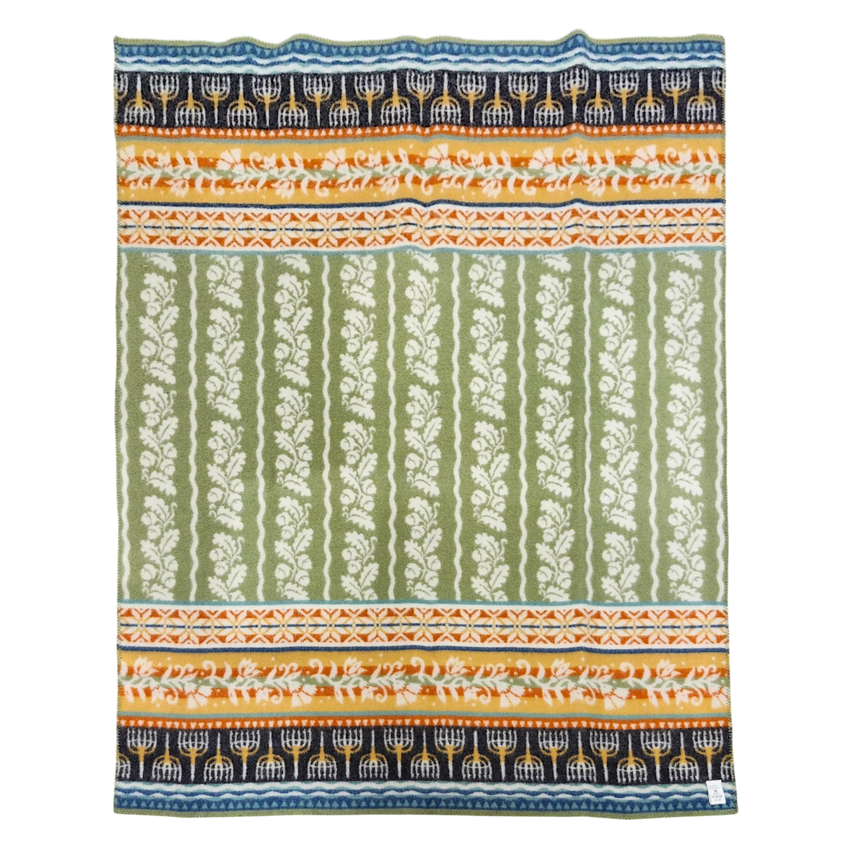 Lambswool blanket with green and white floral stripes, orange accents, and blue bands featuring white menorahs, in a Swedish-inspired design.