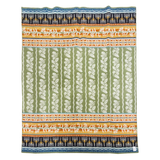 Lambswool blanket with green and white floral stripes, orange accents, and blue bands featuring white menorahs, in a Swedish-inspired design.