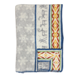 Folded Sámi-inspired wool blanket featuring a gray snowflake pattern, blue border, and one side with geometric and stripe designs in orange, yellow, and blue.