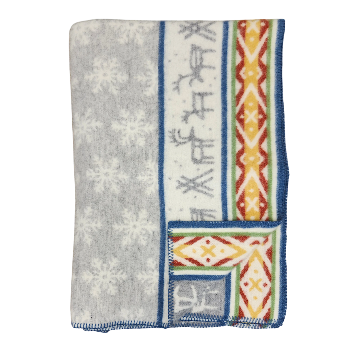 Folded Sámi-inspired wool blanket featuring a gray snowflake pattern, blue border, and one side with geometric and stripe designs in orange, yellow, and blue.
