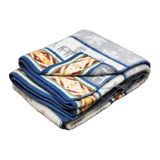 Folded fleece blanket with blue trim, featuring red, yellow, green, and gray geometric and animal motifs on a white Sámi-inspired background.