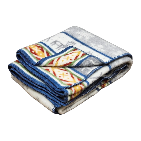 Folded fleece blanket with blue trim, featuring red, yellow, green, and gray geometric and animal motifs on a white Sámi-inspired background.