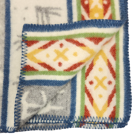 Close-up of a Sámi-inspired wool blanket corner, folded to show both sides, featuring geometric patterns and blue edge stitching.