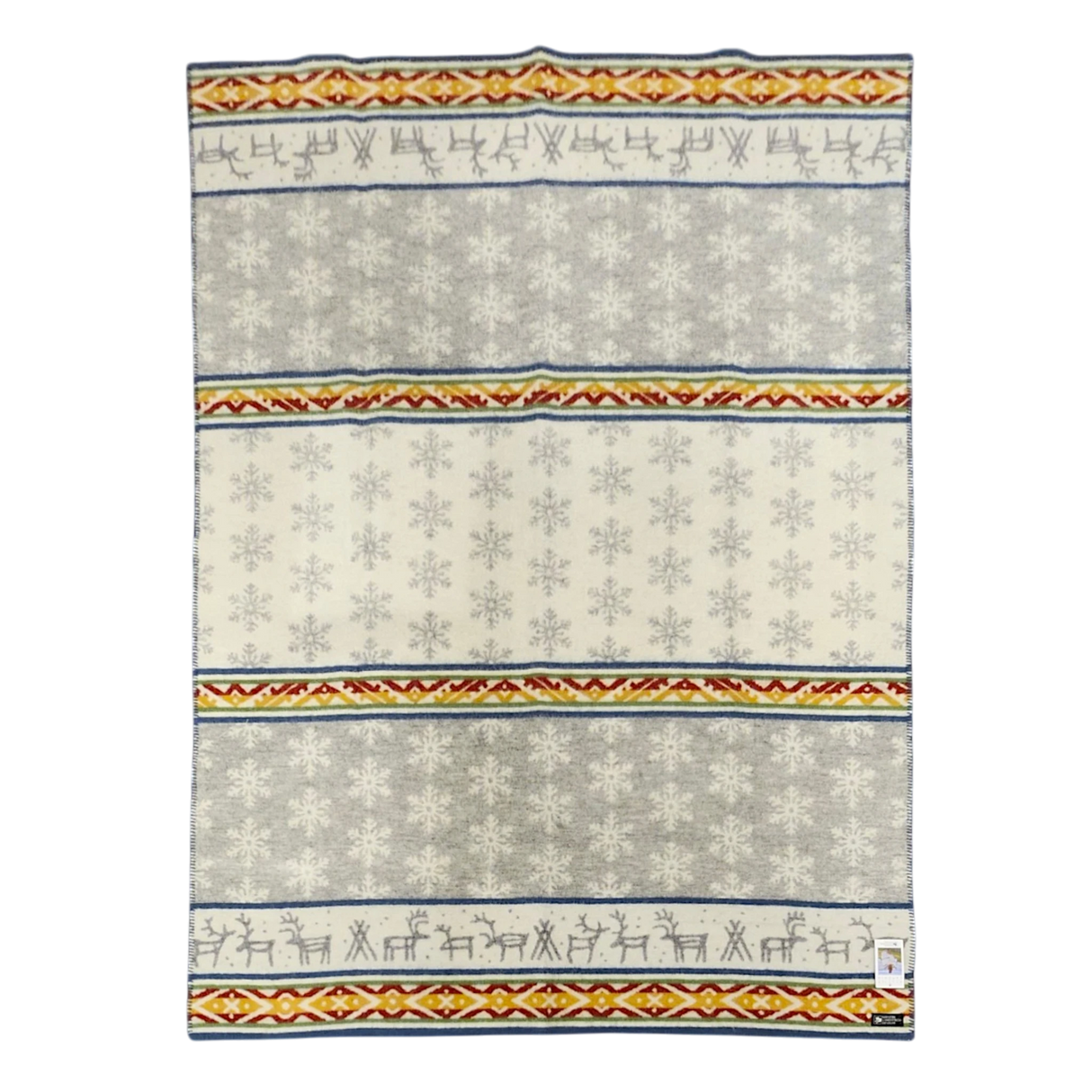 Rectangular Sámi-inspired wool blanket with gray, white, yellow, and red stripes; horizontal rows of snowflake and reindeer motifs.