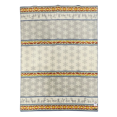 Rectangular Sámi-inspired wool blanket with gray, white, yellow, and red stripes; horizontal rows of snowflake and reindeer motifs.
