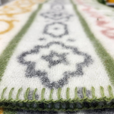 Close-up of a Norwegian lambswool blanket featuring green edging and geometric black, yellow, and pink patterns on a white background.