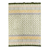 Rectangular Norwegian lambswool blanket featuring green, yellow, and pink floral and geometric patterns on a white background with a dark green border.