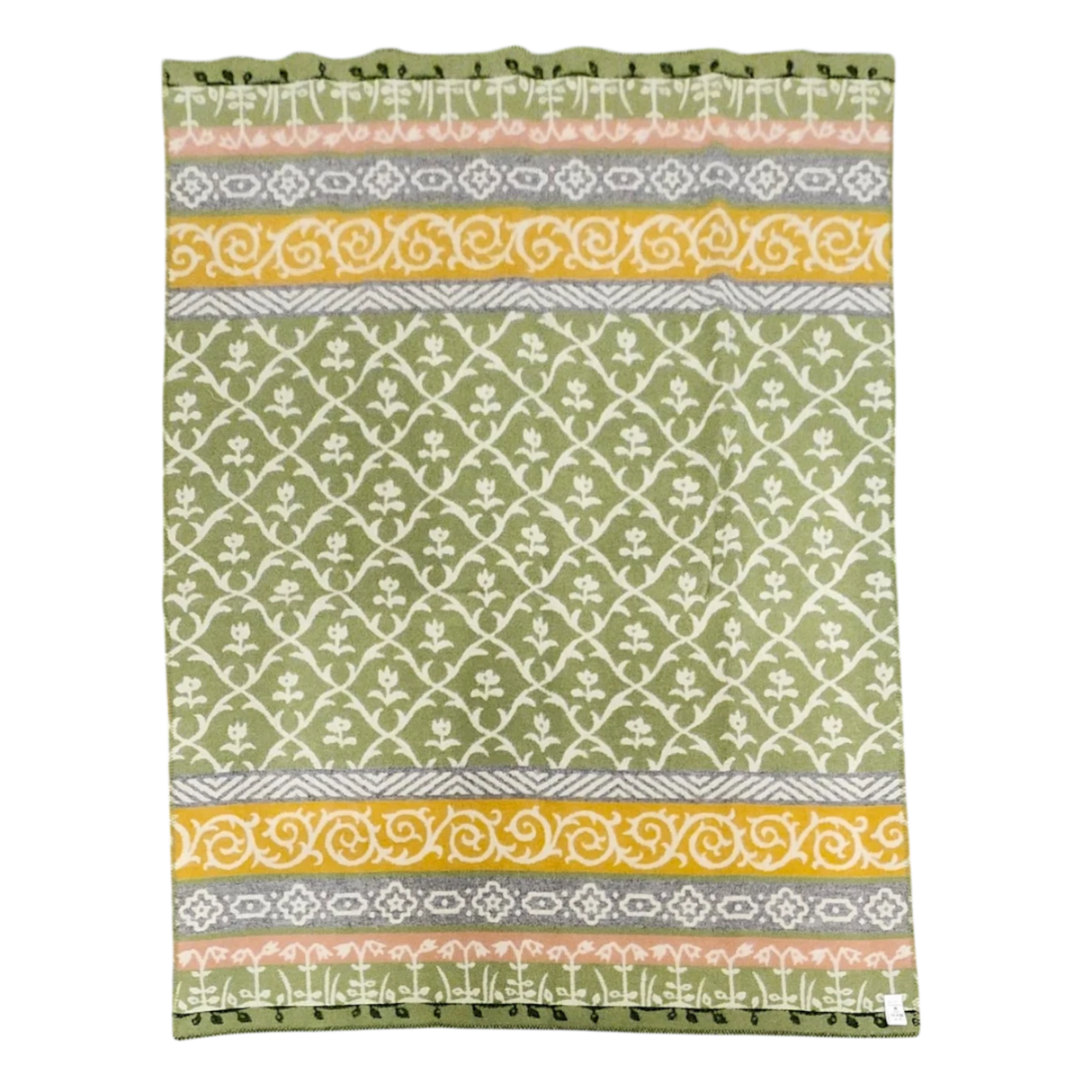 Green Norwegian lambswool blanket with horizontal stripes featuring white, yellow, and gray floral and geometric patterns.