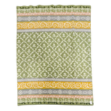 Green Norwegian lambswool blanket with horizontal stripes featuring white, yellow, and gray floral and geometric patterns.