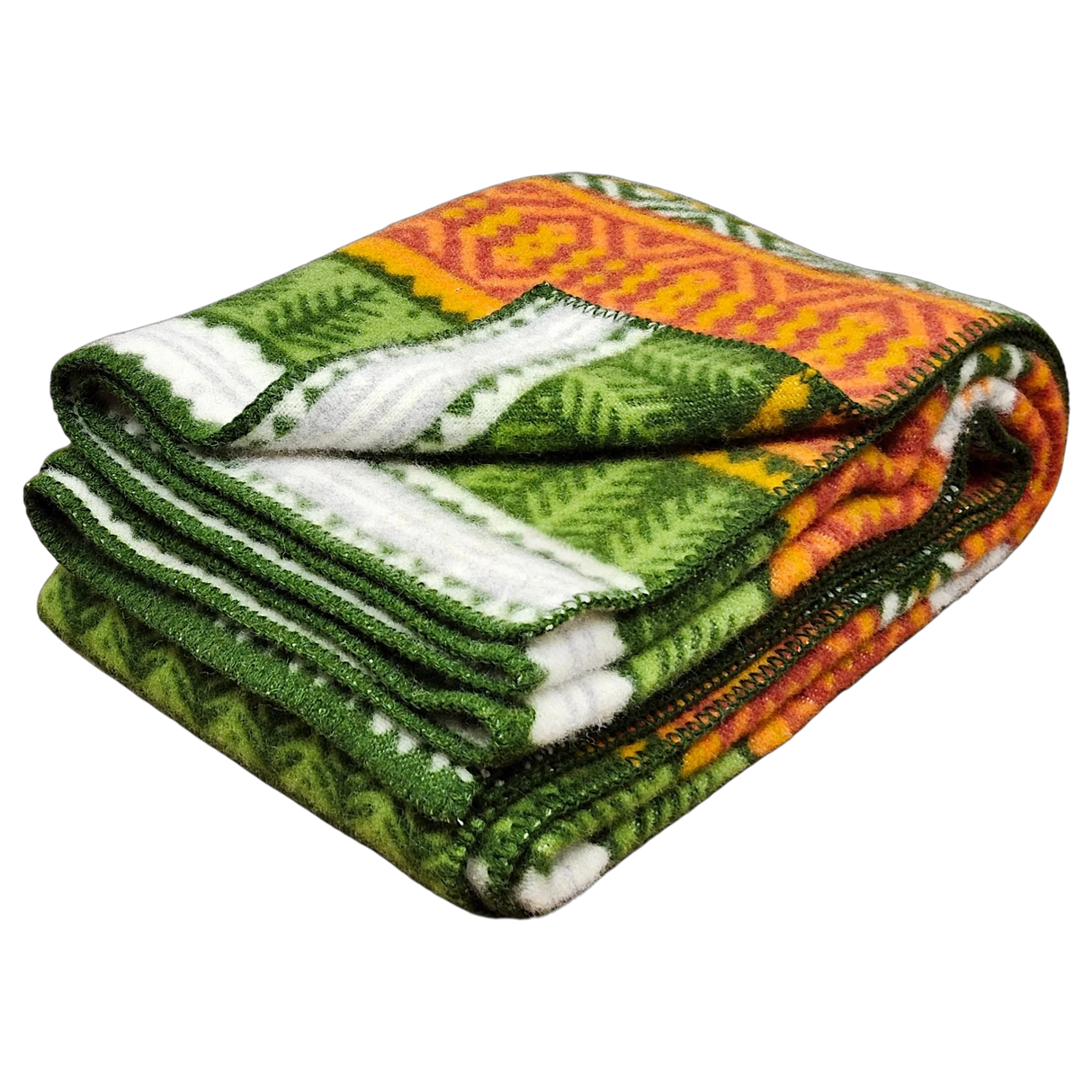 A folded Mora Blanket with green, orange, white, and yellow geometric patterns on a white background, showing Scandinavian design elements.