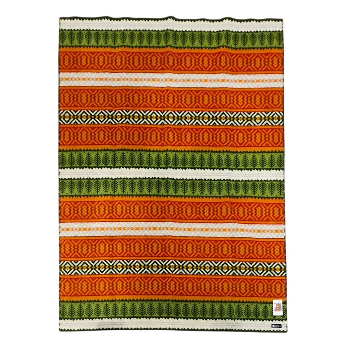 Lambswool blanket with horizontal orange, green, yellow, and white stripes, featuring geometric and zigzag patterns. Small white tag in one bottom corner.