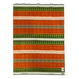 Lambswool blanket with horizontal orange, green, yellow, and white stripes, featuring geometric and zigzag patterns. Small white tag in one bottom corner.