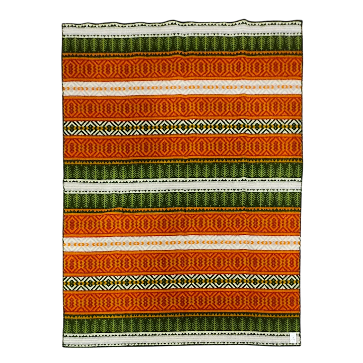 Rectangular lambswool blanket displaying orange, green, and white horizontal stripes with all-over intricate geometric patterns.