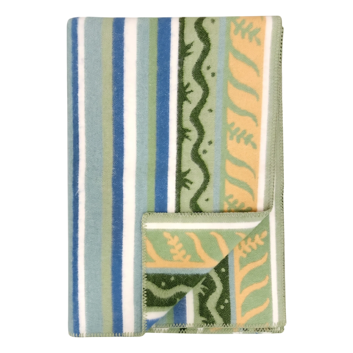 Folded fleece blanket in a Swedish design featuring green, blue, and cream stripes with wavy patterns; one corner is turned over to display the reverse side.