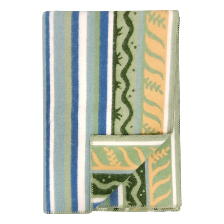 Folded fleece blanket in a Swedish design featuring green, blue, and cream stripes with wavy patterns; one corner is turned over to display the reverse side.