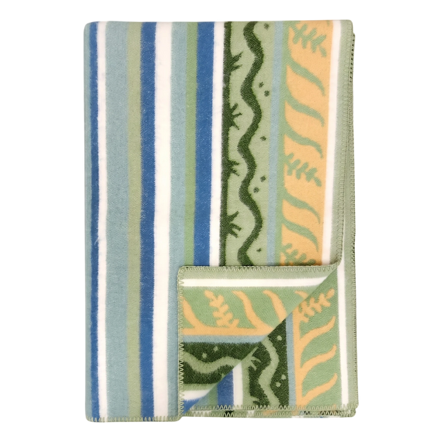 Folded fleece blanket in a Swedish design featuring green, blue, and cream stripes with wavy patterns; one corner is turned over to display the reverse side.