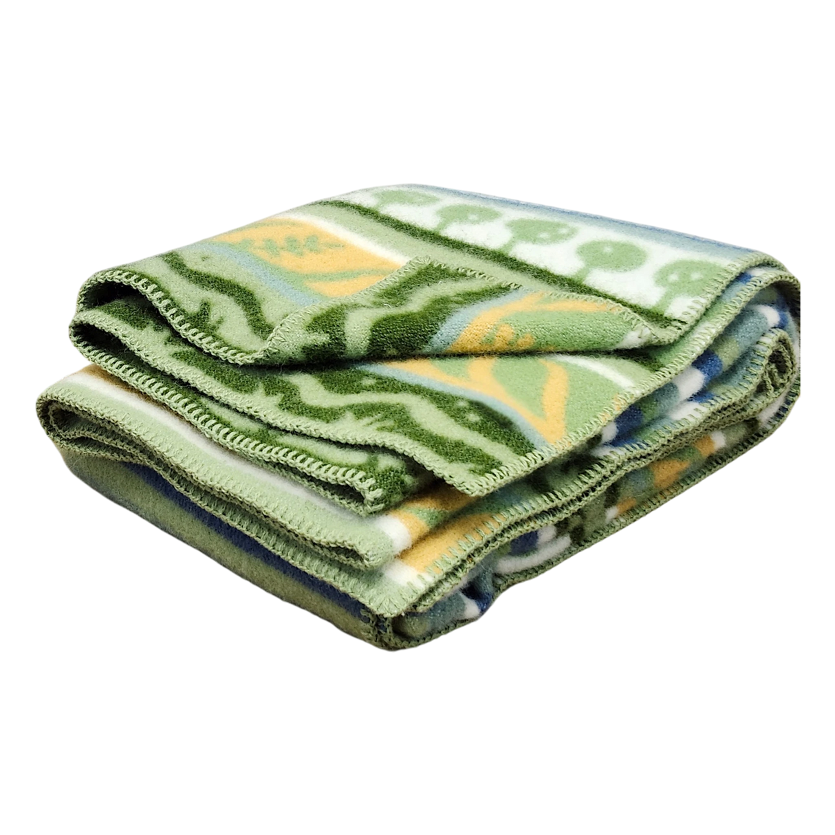 Folded wool blanket featuring yellow and blue patterns on a white background.