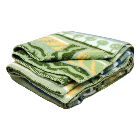 Folded wool blanket featuring yellow and blue patterns on a white background.