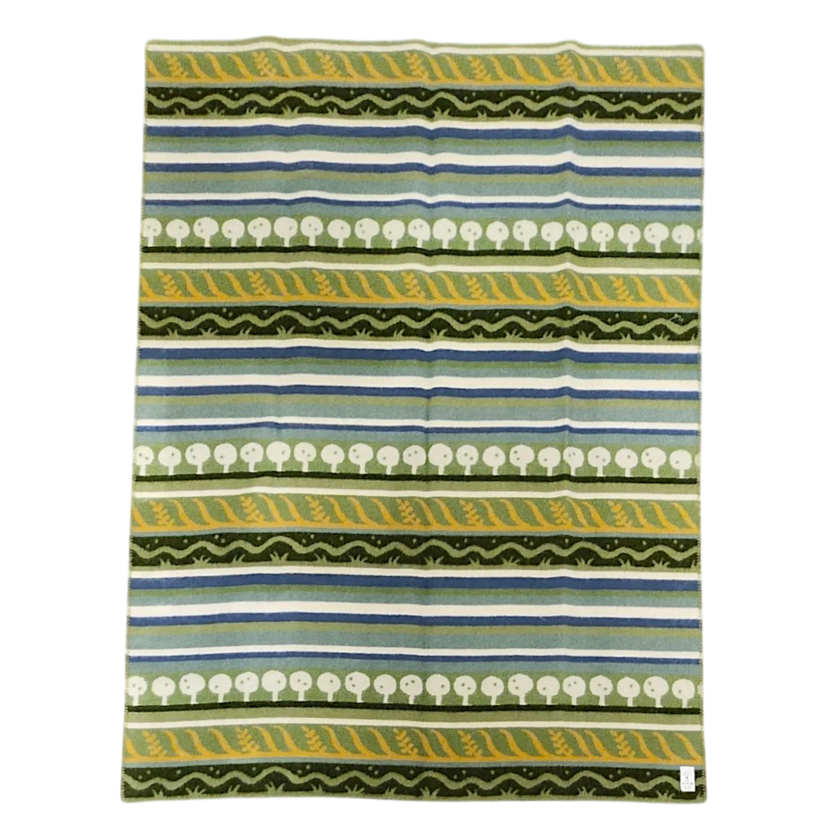 Lambswool blanket featuring green, yellow, white, and blue stripes with tree and zigzag patterns in a Swedish design.