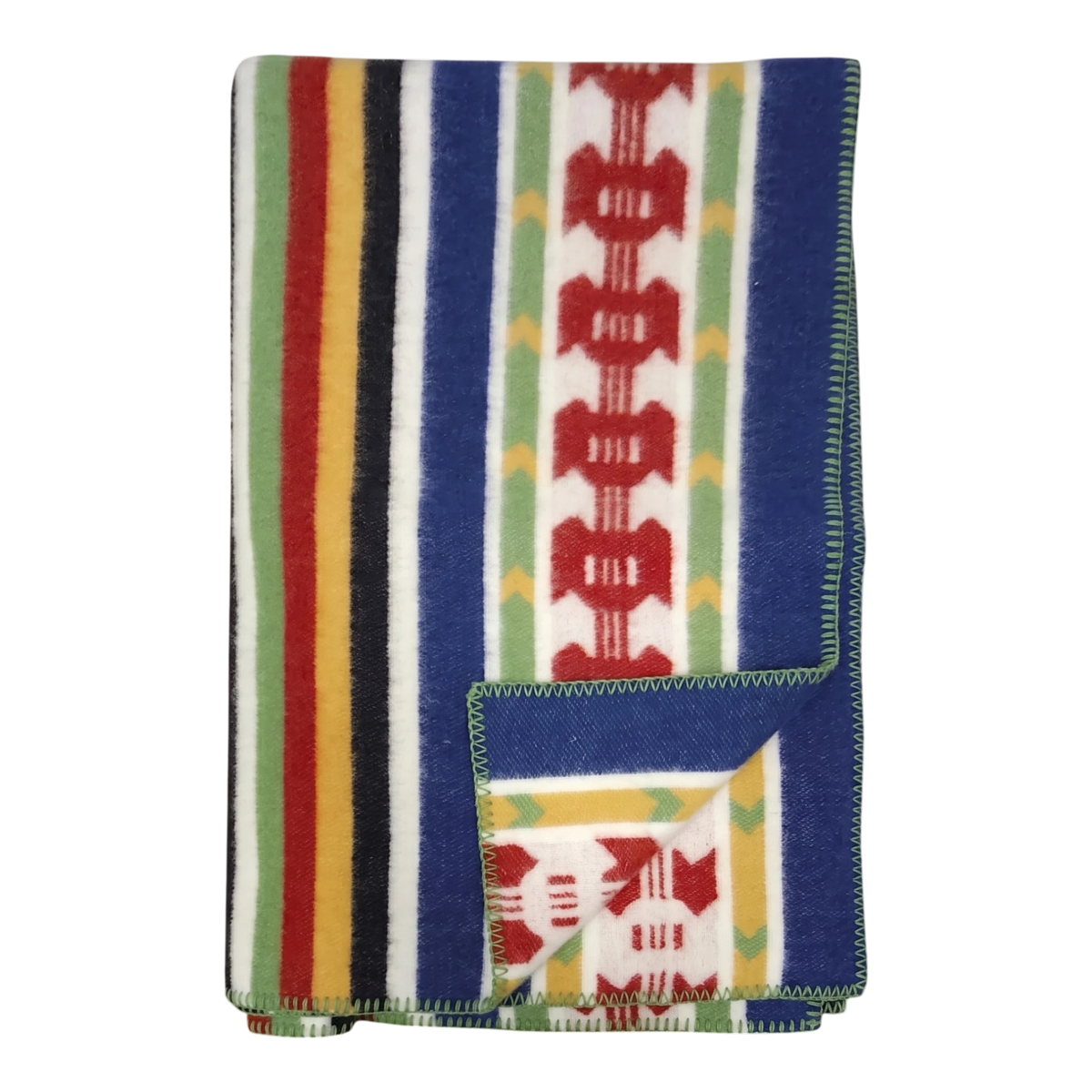 Folded Rättvik wool blanket featuring colorful vertical stripes and geometric patterns; one corner is turned up to show the reverse side.