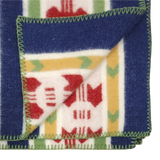 Partially folded blue, cream, and red wool blanket with green-edged stitching, displaying front and back of its Swedish Rättvik pattern.