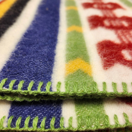 Close-up of two wool blankets with green stitching, showing blue, yellow, red, black, and white stripes and patterns in a Swedish design.