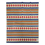 Wool blanket with horizontal stripes in navy, yellow, red, and white, and red geometric patterns. Scandinavian design details are visible.