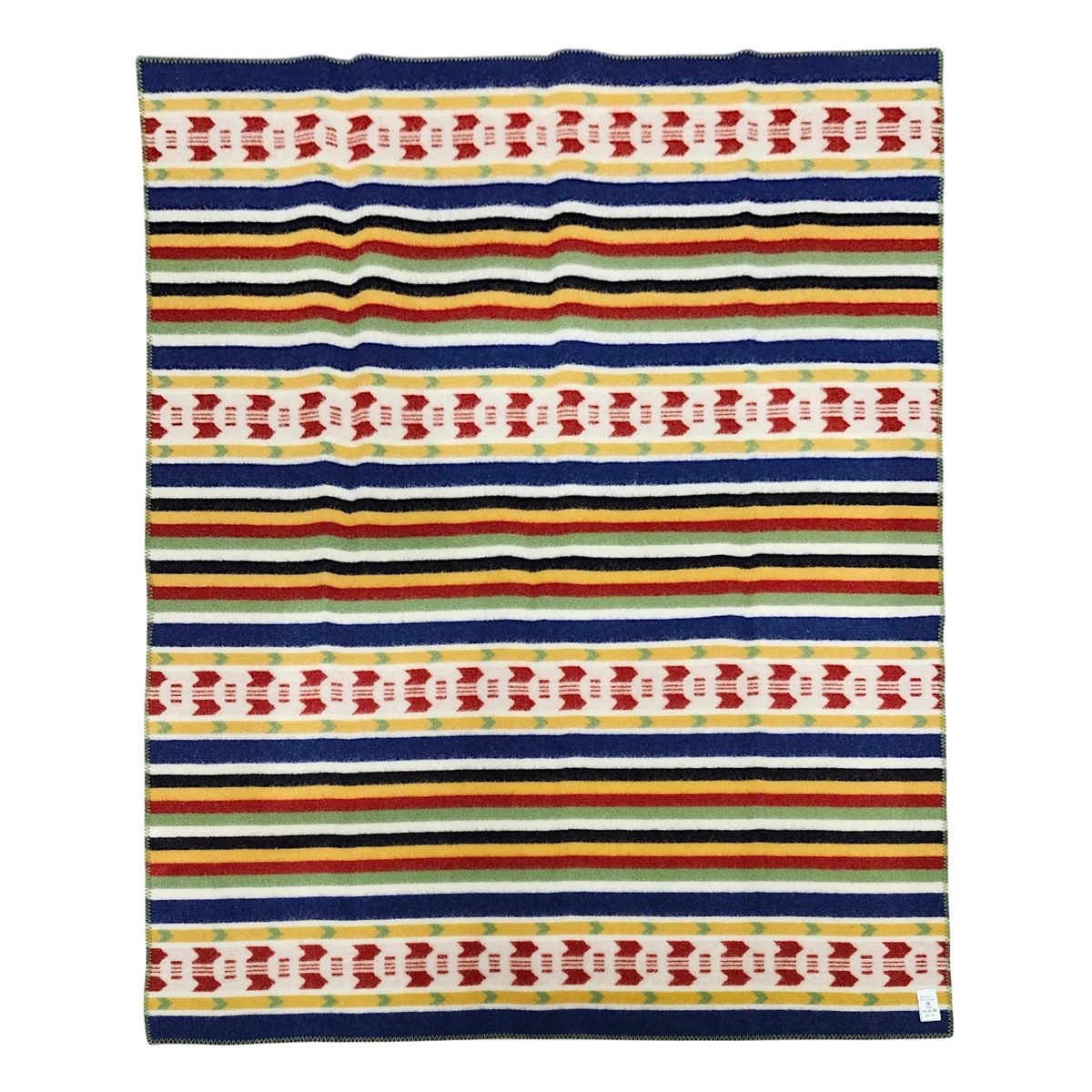 Scandinavian Rättvik wool blanket with horizontal yellow, green, black, and blue stripes and red geometric bands on a white background.