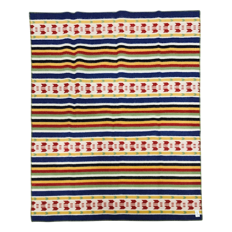 Scandinavian Rättvik wool blanket with horizontal yellow, green, black, and blue stripes and red geometric bands on a white background.
