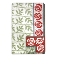 Swedish design blanket featuring green leaf pattern and red rose border on white background; one corner flipped to show reverse side.