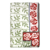 Swedish design blanket featuring green leaf pattern and red rose border on white background; one corner flipped to show reverse side.