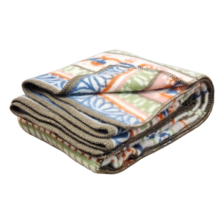 Folded lambswool blanket featuring a geometric and leaf pattern in green, orange, blue, and beige with gray trim along the edges.