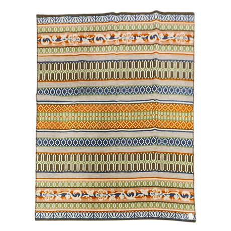 Rectangular wool blanket with horizontal green, brown, orange, and blue stripes, featuring geometric and floral patterns. Fabric is slightly wrinkled.